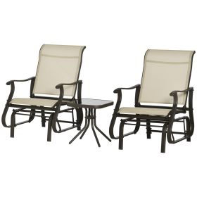 Outsunny 3-Piece Gliding Chair & Tea Table Set, Outdoor 2 Rocker Seats with Steel Frame, Tempered Glass Tabletop, Garden Patio Furniture, Beige