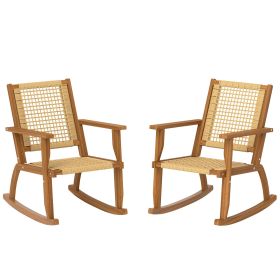 Outsunny Outdoor Lawn Rocking Chair Set of 2, Acacia Wood Patio Rocking Chairs with Wicker Back and Seat for Garden, Khaki