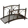 Outsunny 3.3FT Metal Zen Garden Bridge, Decorative Arch, Safety Siderails, Floral Scrollwork, Brown