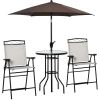Outsunny 4 Piece Outdoor Bar Set with 2 Folding Chairs, Adjustable Umbrella and Wave Textured Tempered Glass Table, Cream White