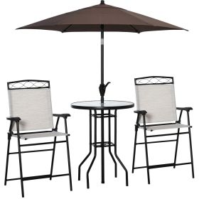 Outsunny 4 Piece Outdoor Bar Set with 2 Folding Chairs, Adjustable Umbrella and Wave Textured Tempered Glass Table, Cream White