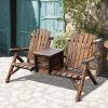 Outsunny Adirondack Double Chair Loveseat with Ice Bucket, Wooden Rustic Outdoor Patio Furniture, Weather-Resistant