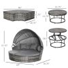 Outsunny 4 Pieces Patio PE Wicker Lounge Set, Rattan Garden Conversation Furniture Set, Round Sofa Bed with Canopy, Cushioned, Coffee Table, Grey