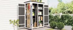 [Video Provided] TOPMAX Outdoor 5.5ft Hx4.1ft L Wood Storage Shed, Garden Tool Cabinet with Waterproof Asphalt Roof, Four Lockable Doors