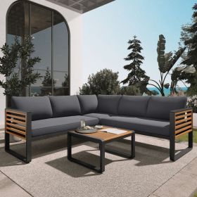 GO 4 Pieces Outdoor Patio Conservation Set, Metal and Wood Frame Sectional L-shaped Sofa with Soft Cushion and a Coffee Tables for Garden, Backyard (Color: as Pic)