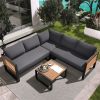 GO 4 Pieces Outdoor Patio Conservation Set, Metal and Wood Frame Sectional L-shaped Sofa with Soft Cushion and a Coffee Tables for Garden, Backyard